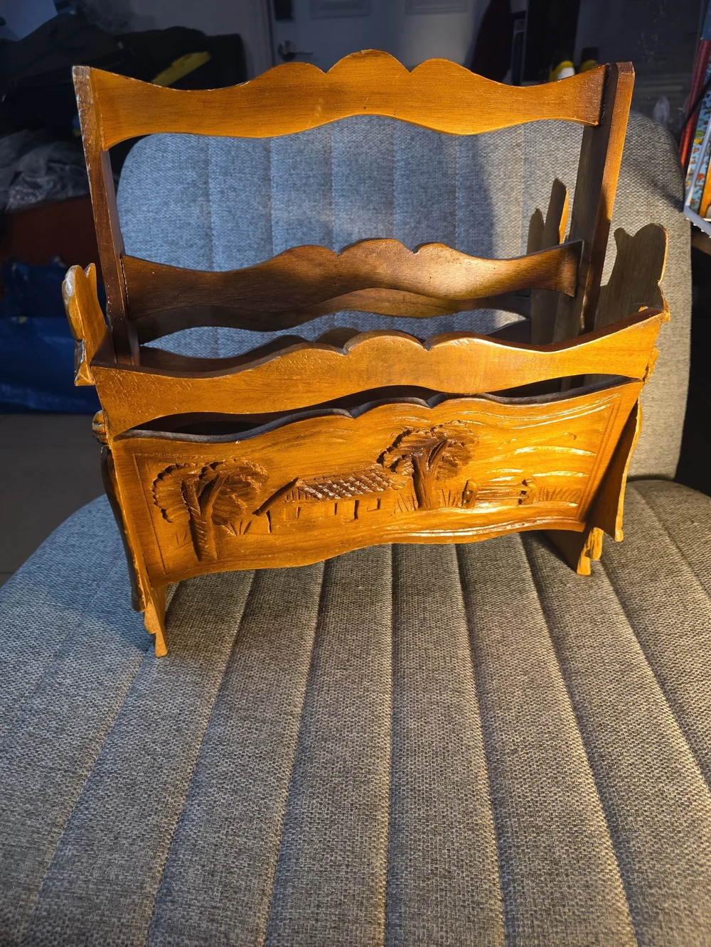 Hand-Carved Wooden Magazine Rack - Warm Honey Tone